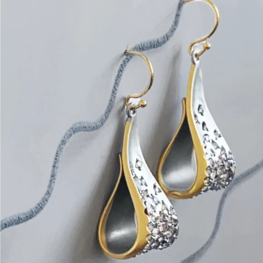 ALEXIS BITTAR • Ribbon Curl Bow Crystal Dusted Matte Silver Gold Drop Earrings